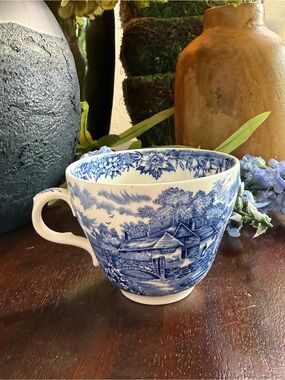 Blue and White Transferware Teacup - Scenic Cottage Design
